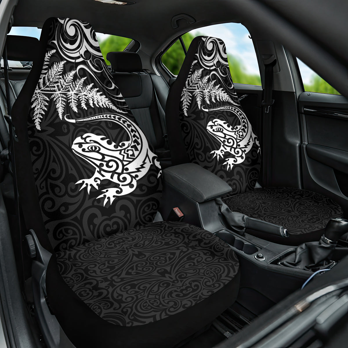 New Zealand Tuatara Tribal Tattoo Car Seat Cover Silver Fern and Maori Pattern Black Color LT03 One Size Black - Polynesian Pride