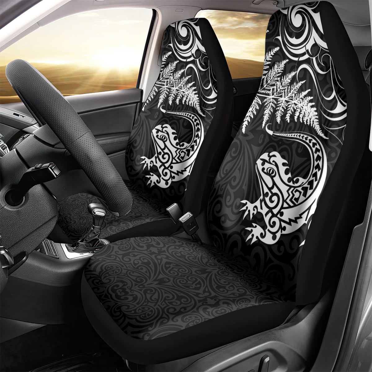 New Zealand Tuatara Tribal Tattoo Car Seat Cover Silver Fern and Maori Pattern Black Color LT03 - Polynesian Pride