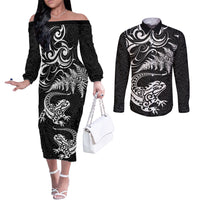 New Zealand Tuatara Tribal Tattoo Couples Matching Off The Shoulder Long Sleeve Dress and Long Sleeve Button Shirt Silver Fern and Maori Pattern Black Color LT03 Black - Polynesian Pride