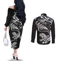 New Zealand Tuatara Tribal Tattoo Couples Matching Off The Shoulder Long Sleeve Dress and Long Sleeve Button Shirt Silver Fern and Maori Pattern Black Color LT03 - Polynesian Pride