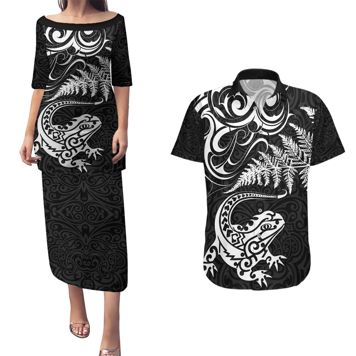 New Zealand Tuatara Tribal Tattoo Couples Matching Puletasi and Hawaiian Shirt Silver Fern and Maori Pattern Black Color LT03 Black - Polynesian Pride