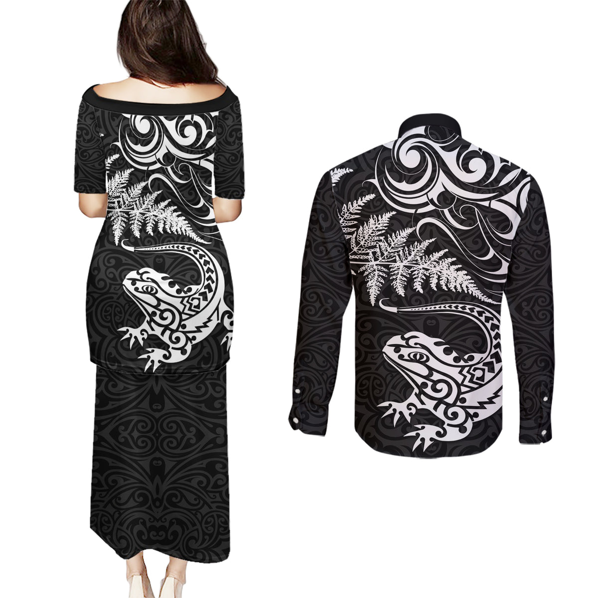 New Zealand Tuatara Tribal Tattoo Couples Matching Puletasi and Long Sleeve Button Shirt Silver Fern and Maori Pattern Black Color LT03 - Polynesian Pride