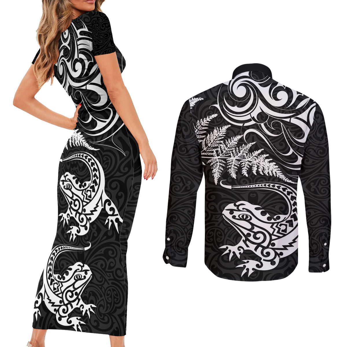New Zealand Tuatara Tribal Tattoo Couples Matching Short Sleeve Bodycon Dress and Long Sleeve Button Shirt Silver Fern and Maori Pattern Black Color LT03 - Polynesian Pride