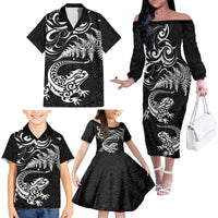New Zealand Tuatara Tribal Tattoo Family Matching Off The Shoulder Long Sleeve Dress and Hawaiian Shirt Silver Fern and Maori Pattern Black Color LT03 - Polynesian Pride