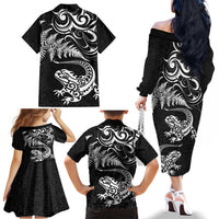 New Zealand Tuatara Tribal Tattoo Family Matching Off The Shoulder Long Sleeve Dress and Hawaiian Shirt Silver Fern and Maori Pattern Black Color LT03 - Polynesian Pride
