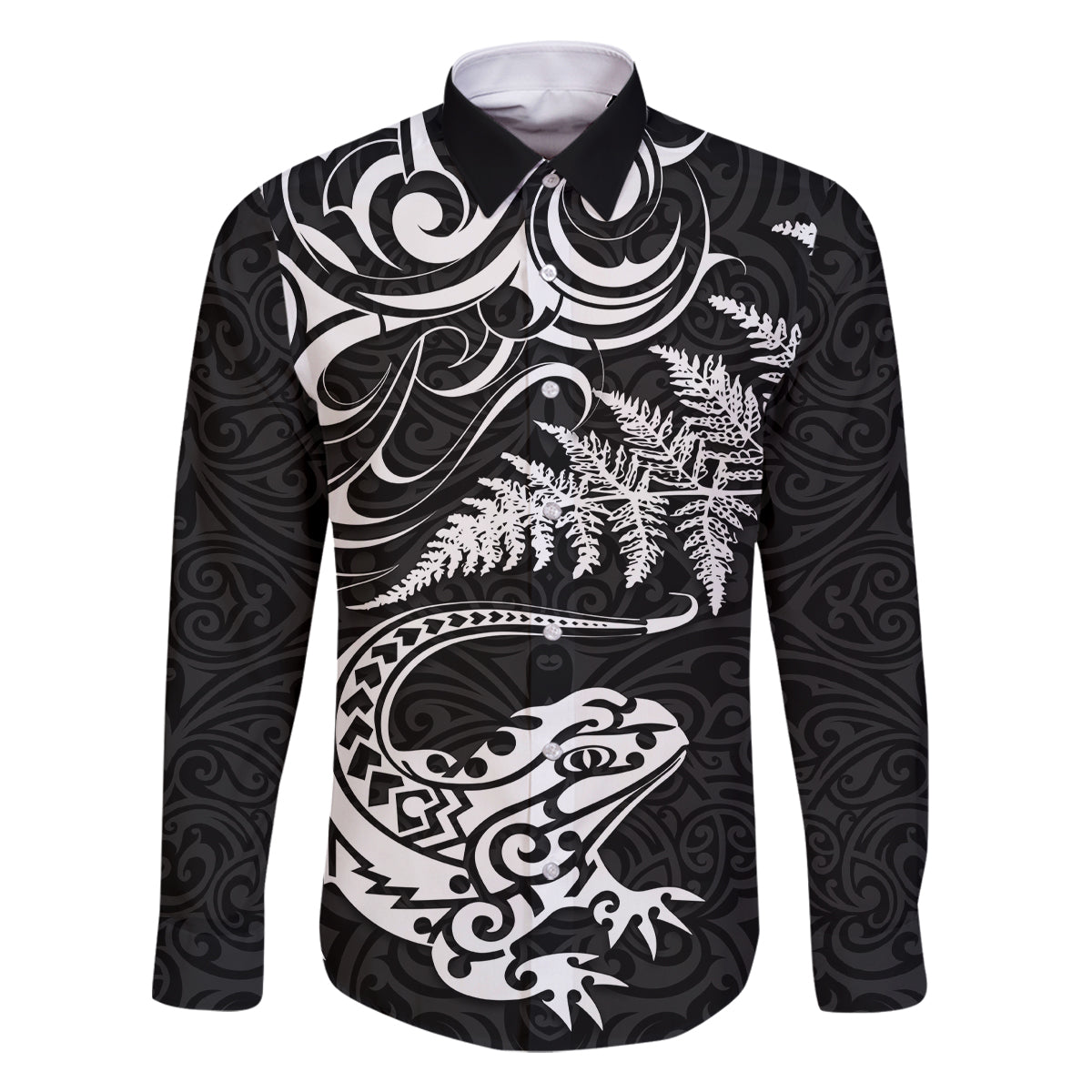 New Zealand Tuatara Tribal Tattoo Family Matching Off The Shoulder Long Sleeve Dress and Hawaiian Shirt Silver Fern and Maori Pattern Black Color LT03 Dad's Shirt - Long Sleeve Black - Polynesian Pride