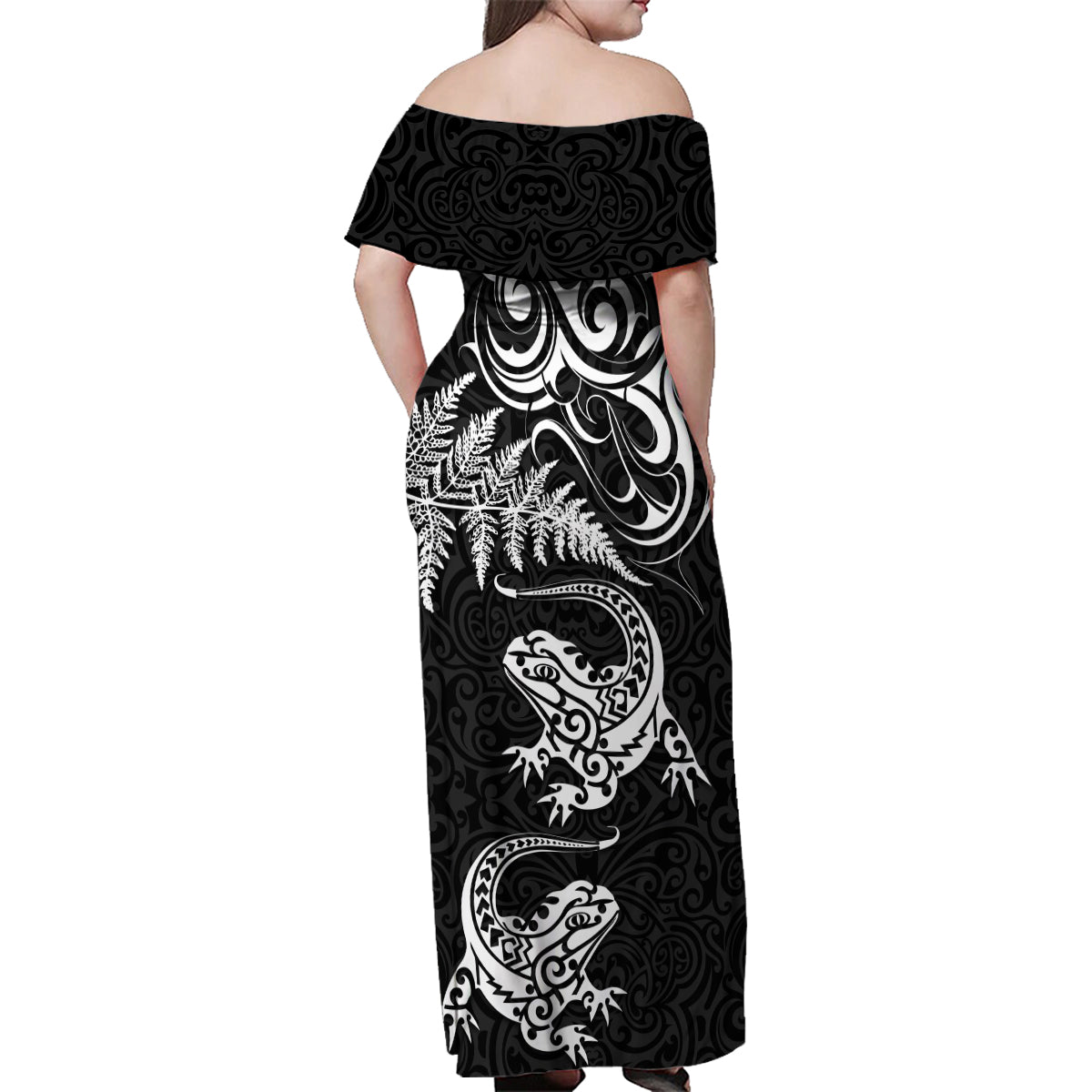 New Zealand Tuatara Tribal Tattoo Family Matching Off Shoulder Maxi Dress and Hawaiian Shirt Silver Fern and Maori Pattern Black Color LT03 - Polynesian Pride