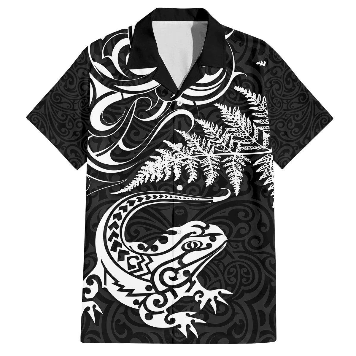 New Zealand Tuatara Tribal Tattoo Family Matching Off Shoulder Short Dress and Hawaiian Shirt Silver Fern and Maori Pattern Black Color LT03 Dad's Shirt - Short Sleeve Black - Polynesian Pride