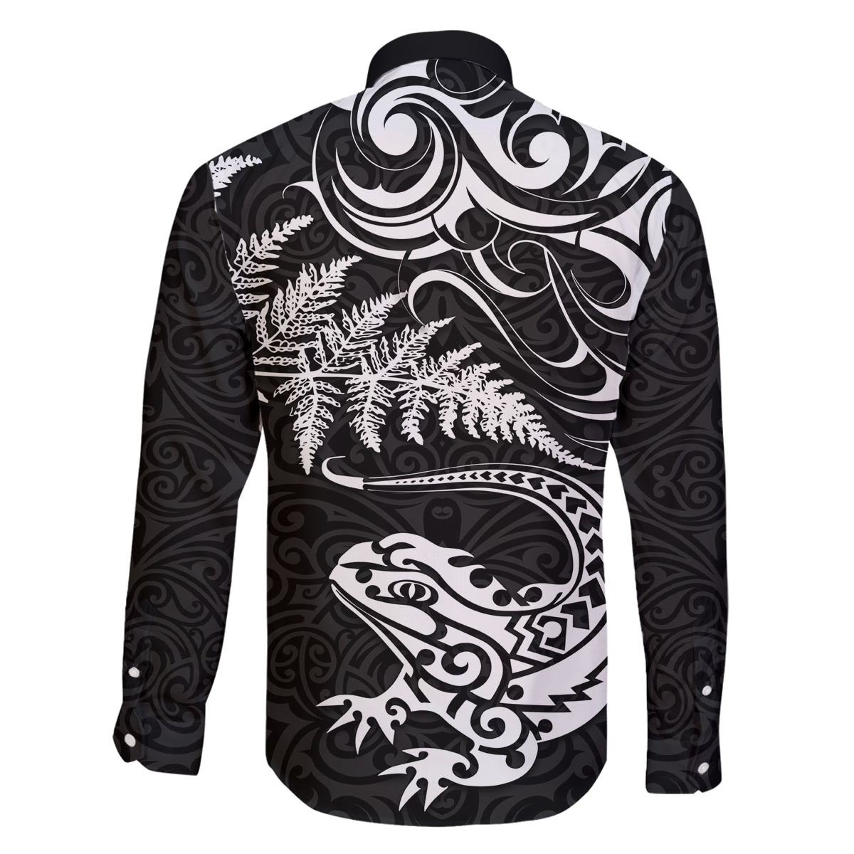 New Zealand Tuatara Tribal Tattoo Family Matching Off Shoulder Short Dress and Hawaiian Shirt Silver Fern and Maori Pattern Black Color LT03 - Polynesian Pride