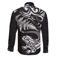 New Zealand Tuatara Tribal Tattoo Family Matching Off Shoulder Short Dress and Hawaiian Shirt Silver Fern and Maori Pattern Black Color LT03 - Polynesian Pride