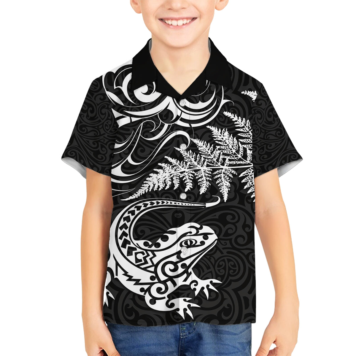 New Zealand Tuatara Tribal Tattoo Family Matching Off Shoulder Short Dress and Hawaiian Shirt Silver Fern and Maori Pattern Black Color LT03 Son's Shirt Black - Polynesian Pride