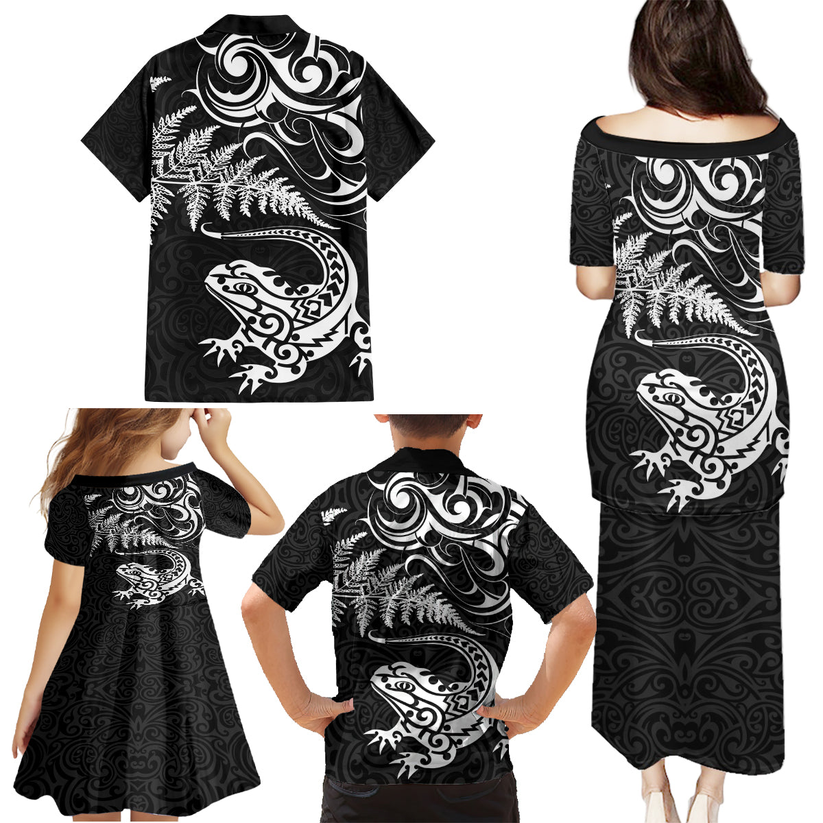 New Zealand Tuatara Tribal Tattoo Family Matching Puletasi and Hawaiian Shirt Silver Fern and Maori Pattern Black Color LT03 - Polynesian Pride