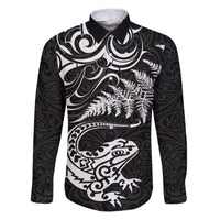New Zealand Tuatara Tribal Tattoo Family Matching Puletasi and Hawaiian Shirt Silver Fern and Maori Pattern Black Color LT03 Dad's Shirt - Long Sleeve Black - Polynesian Pride