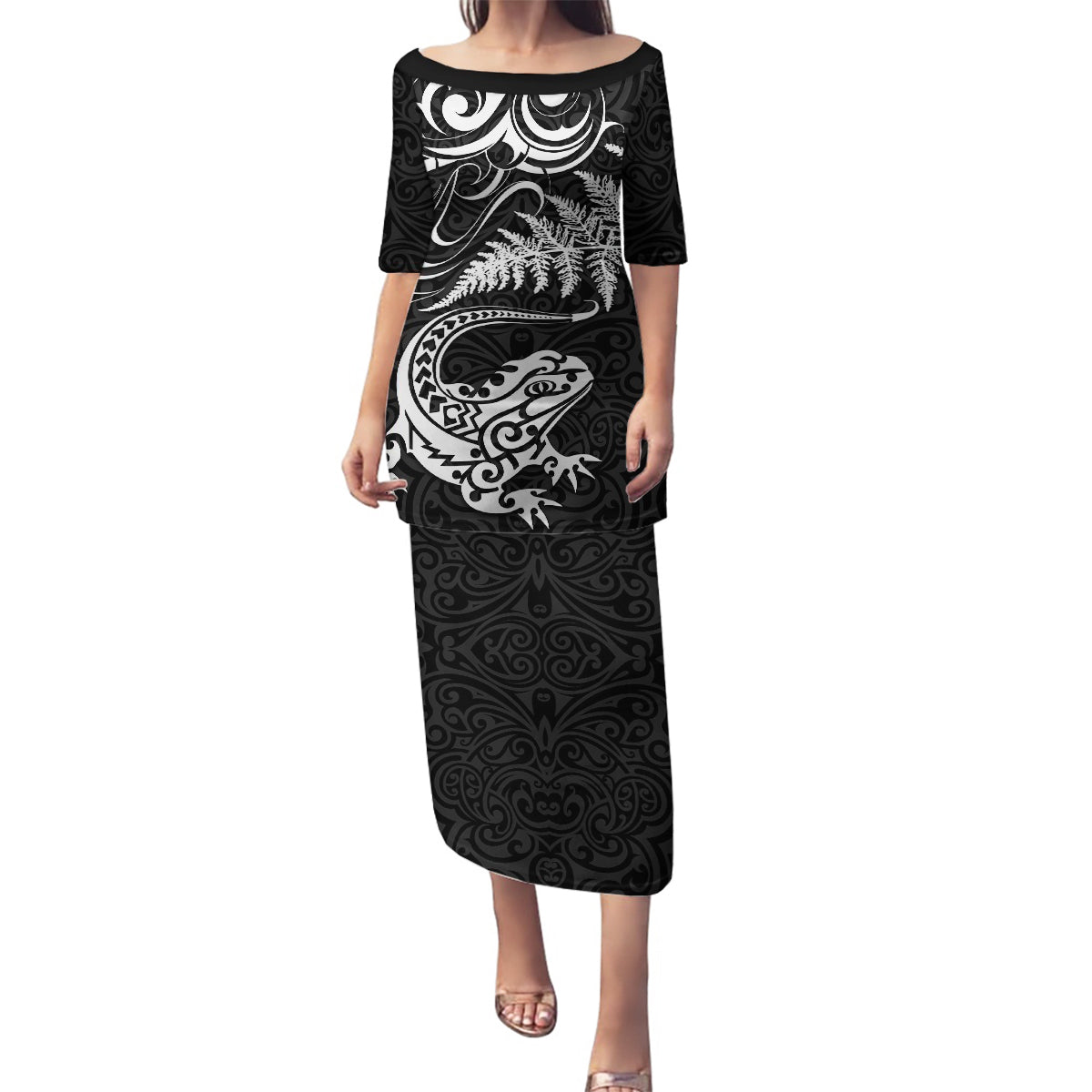 New Zealand Tuatara Tribal Tattoo Family Matching Puletasi and Hawaiian Shirt Silver Fern and Maori Pattern Black Color LT03 Mom's Dress Black - Polynesian Pride