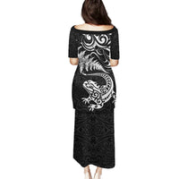 New Zealand Tuatara Tribal Tattoo Family Matching Puletasi and Hawaiian Shirt Silver Fern and Maori Pattern Black Color LT03 - Polynesian Pride