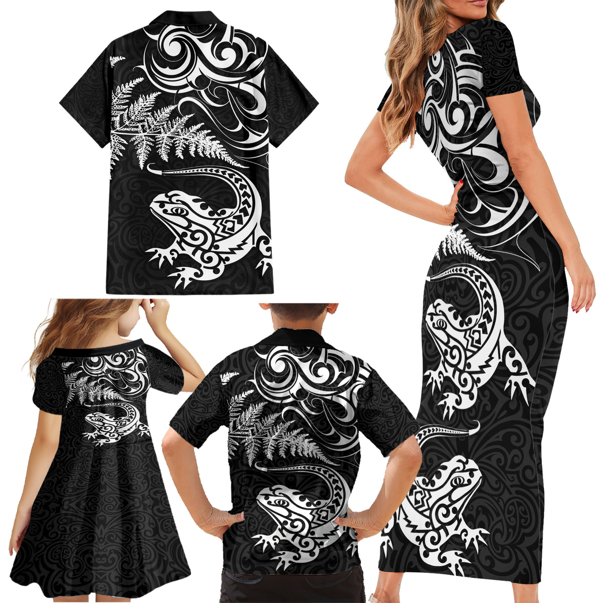New Zealand Tuatara Tribal Tattoo Family Matching Short Sleeve Bodycon Dress and Hawaiian Shirt Silver Fern and Maori Pattern Black Color LT03 - Polynesian Pride