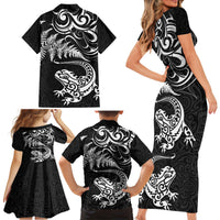 New Zealand Tuatara Tribal Tattoo Family Matching Short Sleeve Bodycon Dress and Hawaiian Shirt Silver Fern and Maori Pattern Black Color LT03 - Polynesian Pride