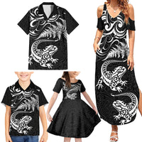 New Zealand Tuatara Tribal Tattoo Family Matching Summer Maxi Dress and Hawaiian Shirt Silver Fern and Maori Pattern Black Color LT03 - Polynesian Pride