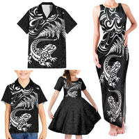 New Zealand Tuatara Tribal Tattoo Family Matching Tank Maxi Dress and Hawaiian Shirt Silver Fern and Maori Pattern Black Color LT03 - Polynesian Pride