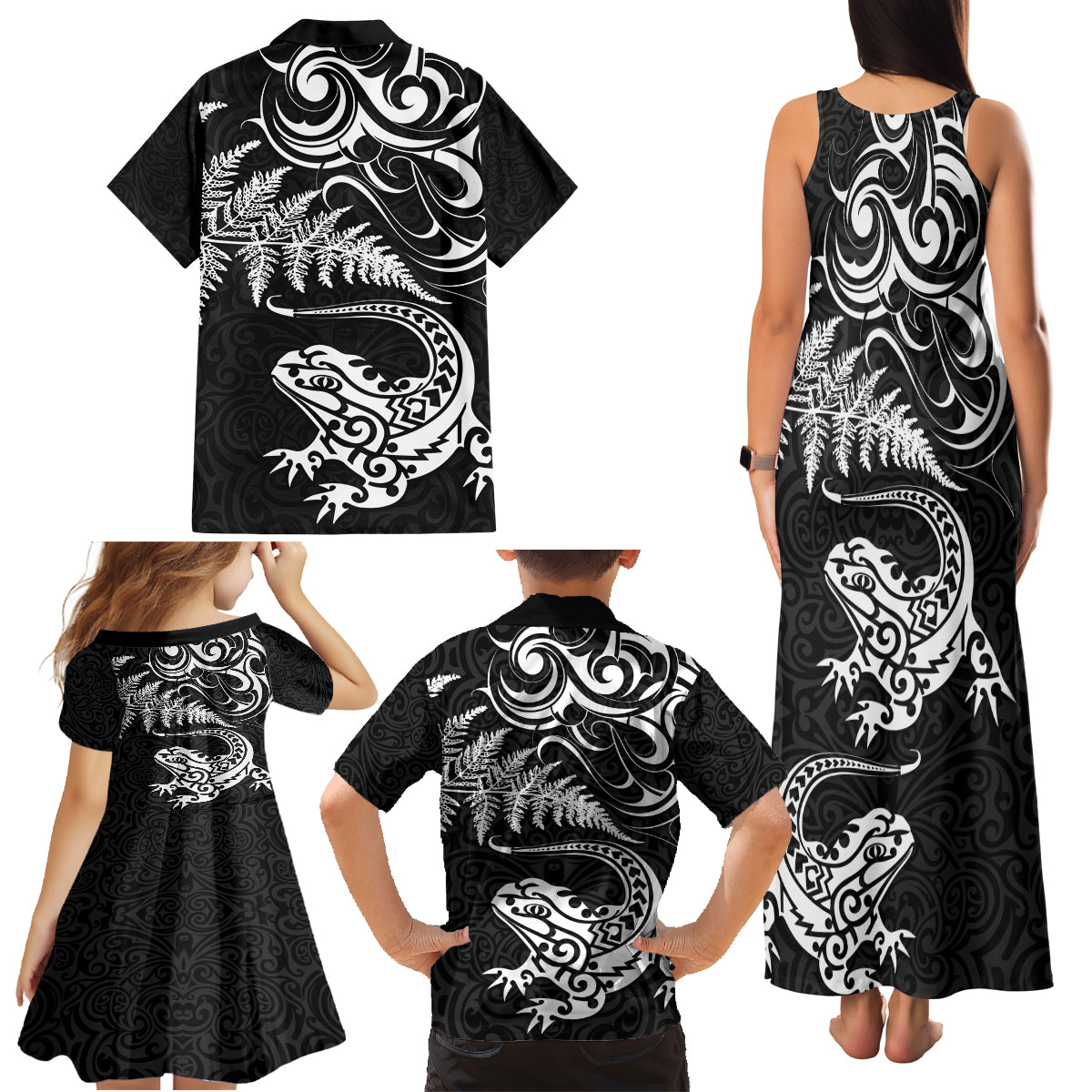 New Zealand Tuatara Tribal Tattoo Family Matching Tank Maxi Dress and Hawaiian Shirt Silver Fern and Maori Pattern Black Color LT03 - Polynesian Pride