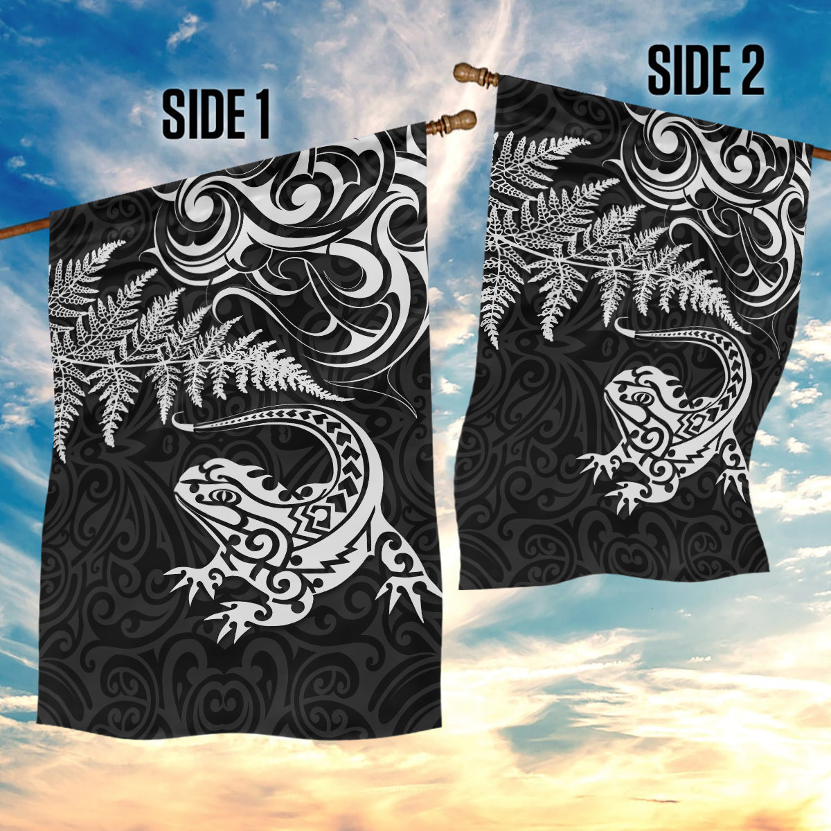 New Zealand Tuatara Tribal Tattoo Garden Flag Silver Fern and Maori Pattern Black Color LT03 - Polynesian Pride