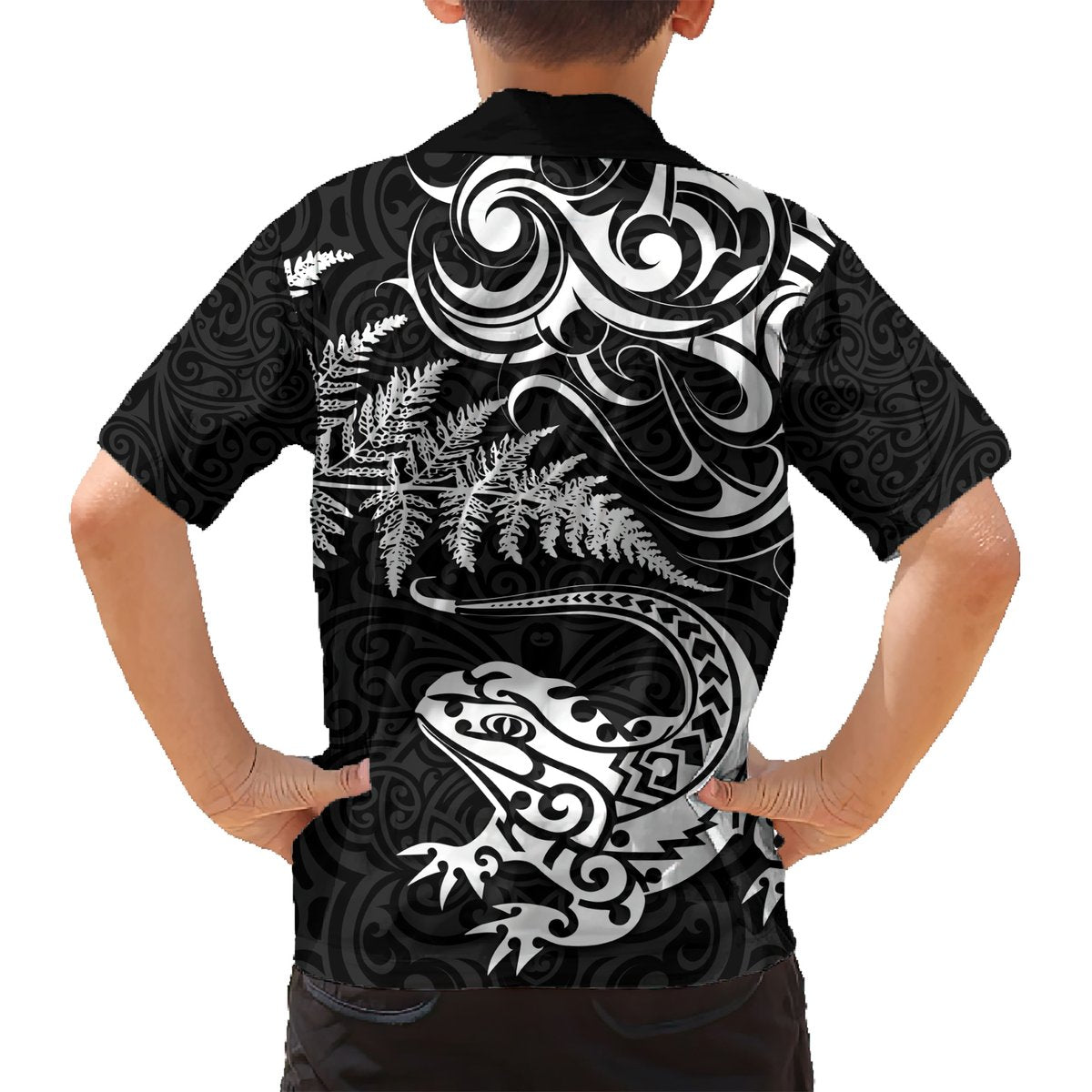 New Zealand Tuatara Tribal Tattoo Hawaiian Shirt Silver Fern and Maori Pattern Black Color LT03 - Polynesian Pride