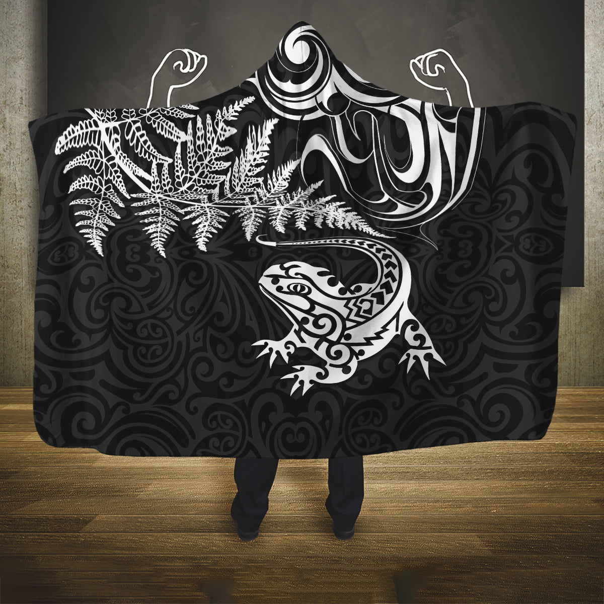 New Zealand Tuatara Tribal Tattoo Hooded Blanket Silver Fern and Maori Pattern Black Color LT03 One Size Black - Polynesian Pride