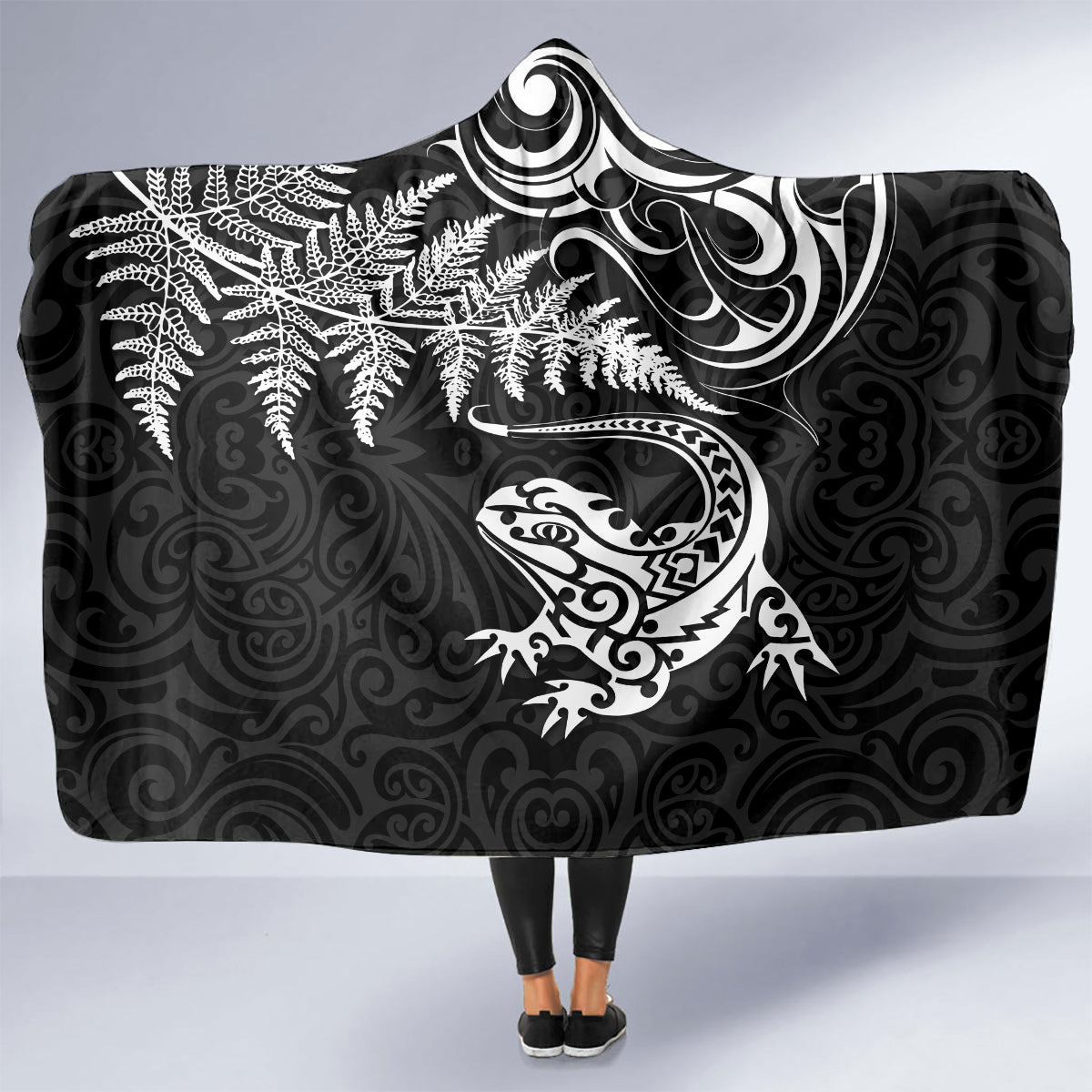 New Zealand Tuatara Tribal Tattoo Hooded Blanket Silver Fern and Maori Pattern Black Color LT03 - Polynesian Pride