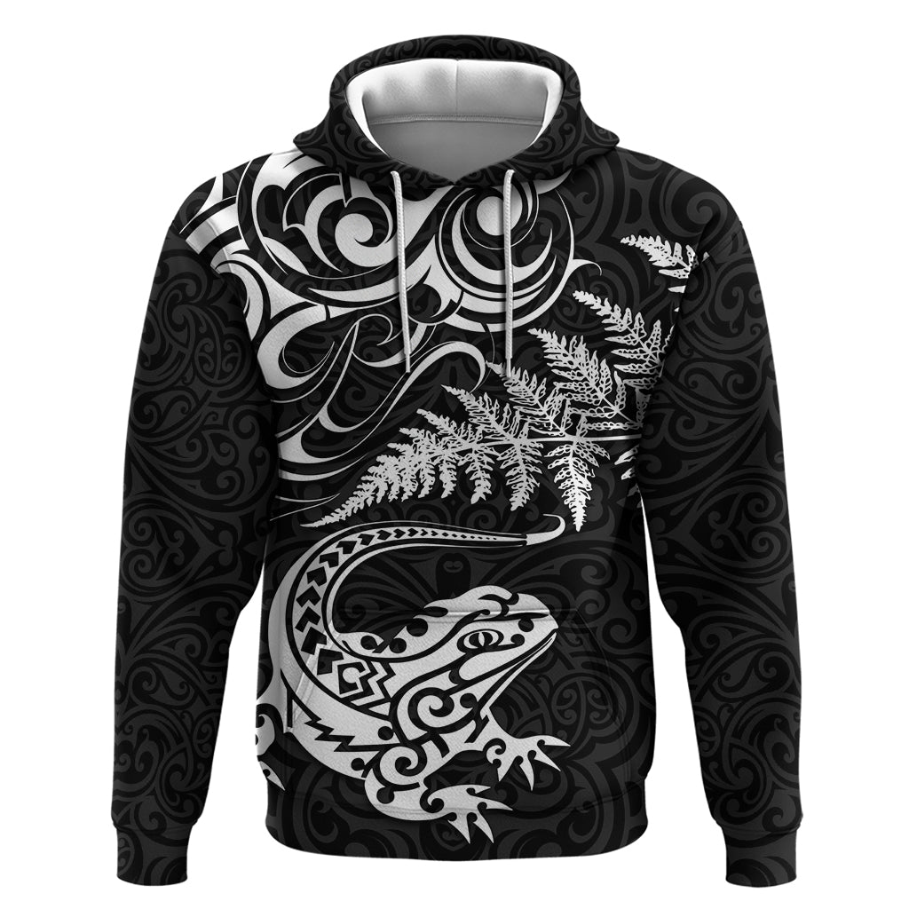 New Zealand Tuatara Tribal Tattoo Hoodie Silver Fern and Maori Pattern Black Color LT03 Pullover Hoodie Black - Polynesian Pride