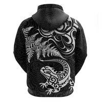 New Zealand Tuatara Tribal Tattoo Hoodie Silver Fern and Maori Pattern Black Color LT03 - Polynesian Pride