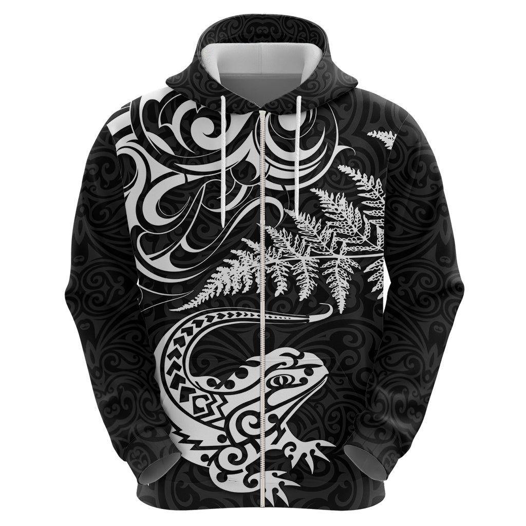 New Zealand Tuatara Tribal Tattoo Hoodie Silver Fern and Maori Pattern Black Color LT03 - Polynesian Pride