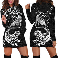 New Zealand Tuatara Tribal Tattoo Hoodie Dress Silver Fern and Maori Pattern Black Color LT03 - Polynesian Pride