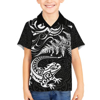 New Zealand Tuatara Tribal Tattoo Kid Hawaiian Shirt Silver Fern and Maori Pattern Black Color LT03 Kid Black - Polynesian Pride