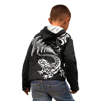 New Zealand Tuatara Tribal Tattoo Kid Hoodie Silver Fern and Maori Pattern Black Color LT03 - Polynesian Pride