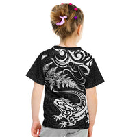 New Zealand Tuatara Tribal Tattoo Kid T Shirt Silver Fern and Maori Pattern Black Color LT03 - Polynesian Pride