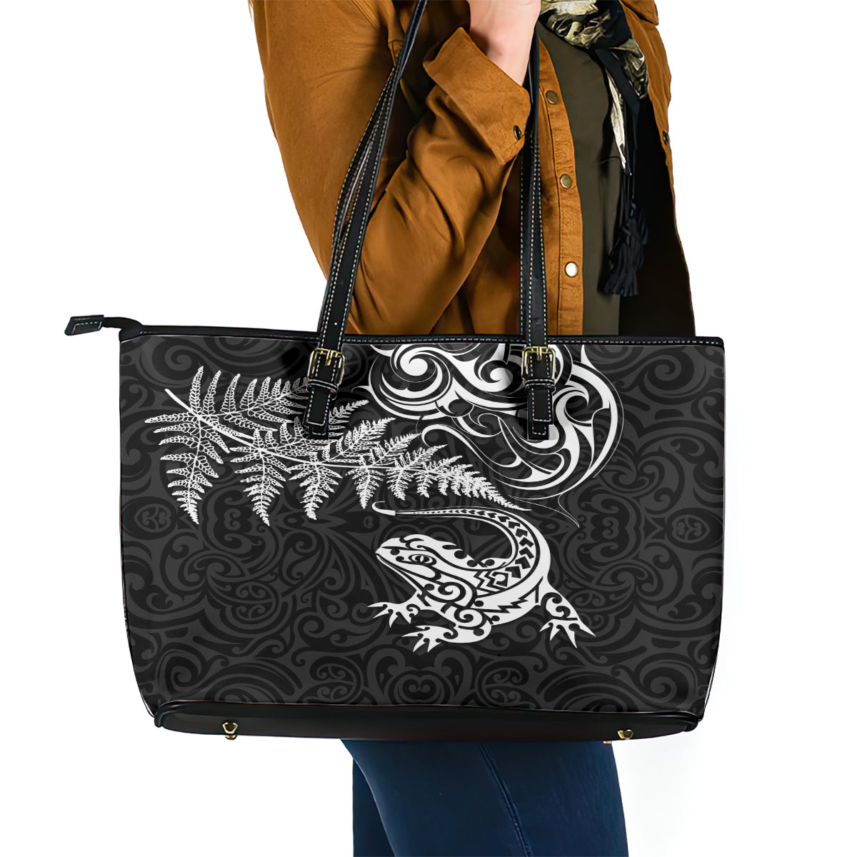 New Zealand Tuatara Tribal Tattoo Leather Tote Bag Silver Fern and Maori Pattern Black Color LT03 - Polynesian Pride