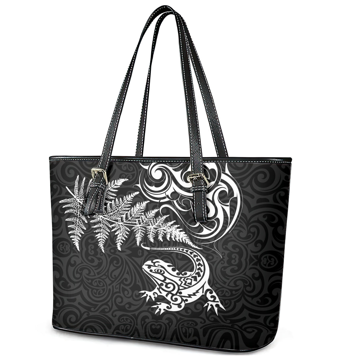 New Zealand Tuatara Tribal Tattoo Leather Tote Bag Silver Fern and Maori Pattern Black Color LT03 - Polynesian Pride