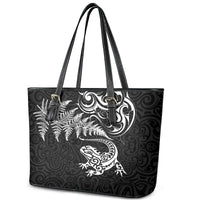 New Zealand Tuatara Tribal Tattoo Leather Tote Bag Silver Fern and Maori Pattern Black Color LT03 - Polynesian Pride