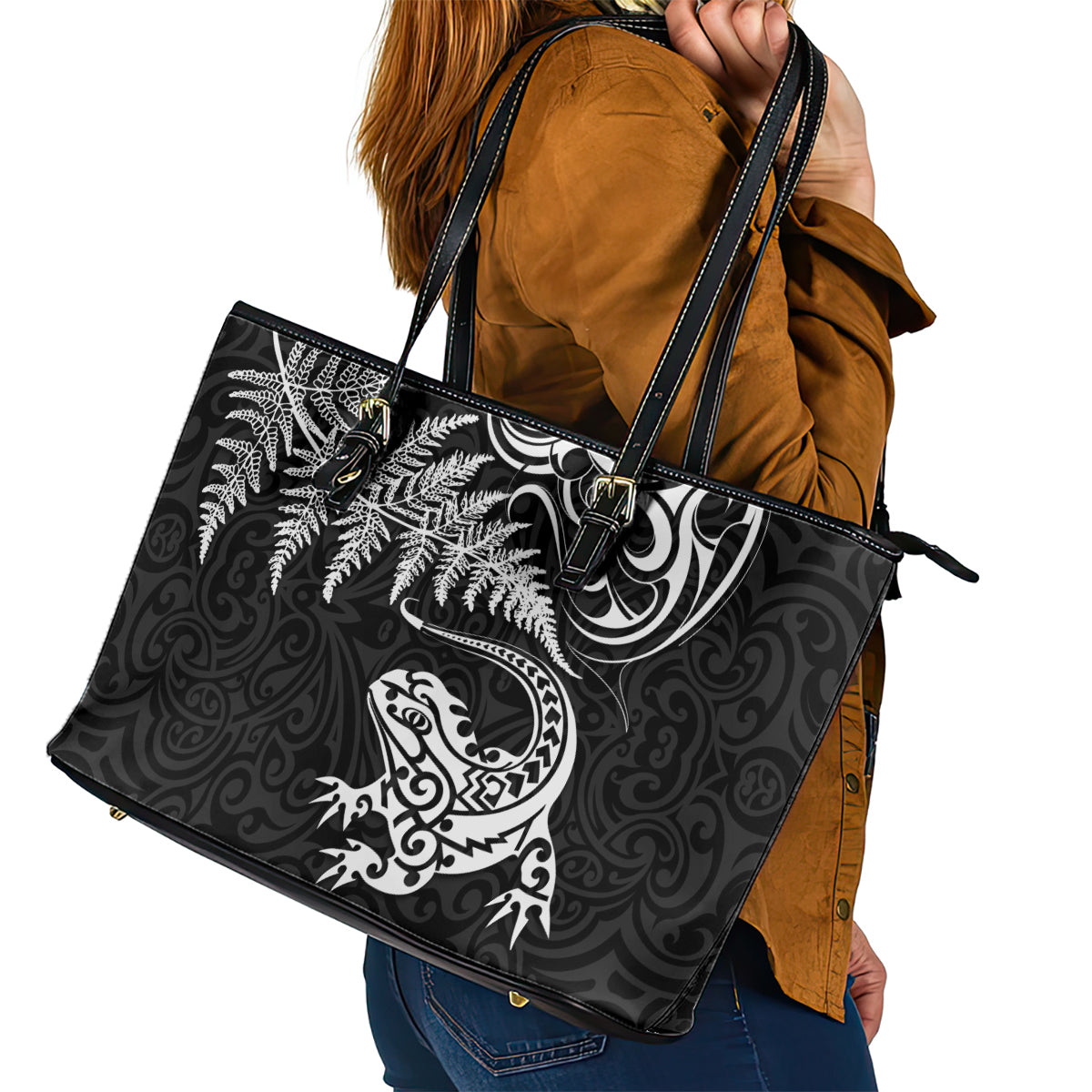 New Zealand Tuatara Tribal Tattoo Leather Tote Bag Silver Fern and Maori Pattern Black Color LT03 - Polynesian Pride