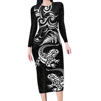 New Zealand Tuatara Tribal Tattoo Long Sleeve Bodycon Dress Silver Fern and Maori Pattern Black Color LT03 Long Dress Black - Polynesian Pride