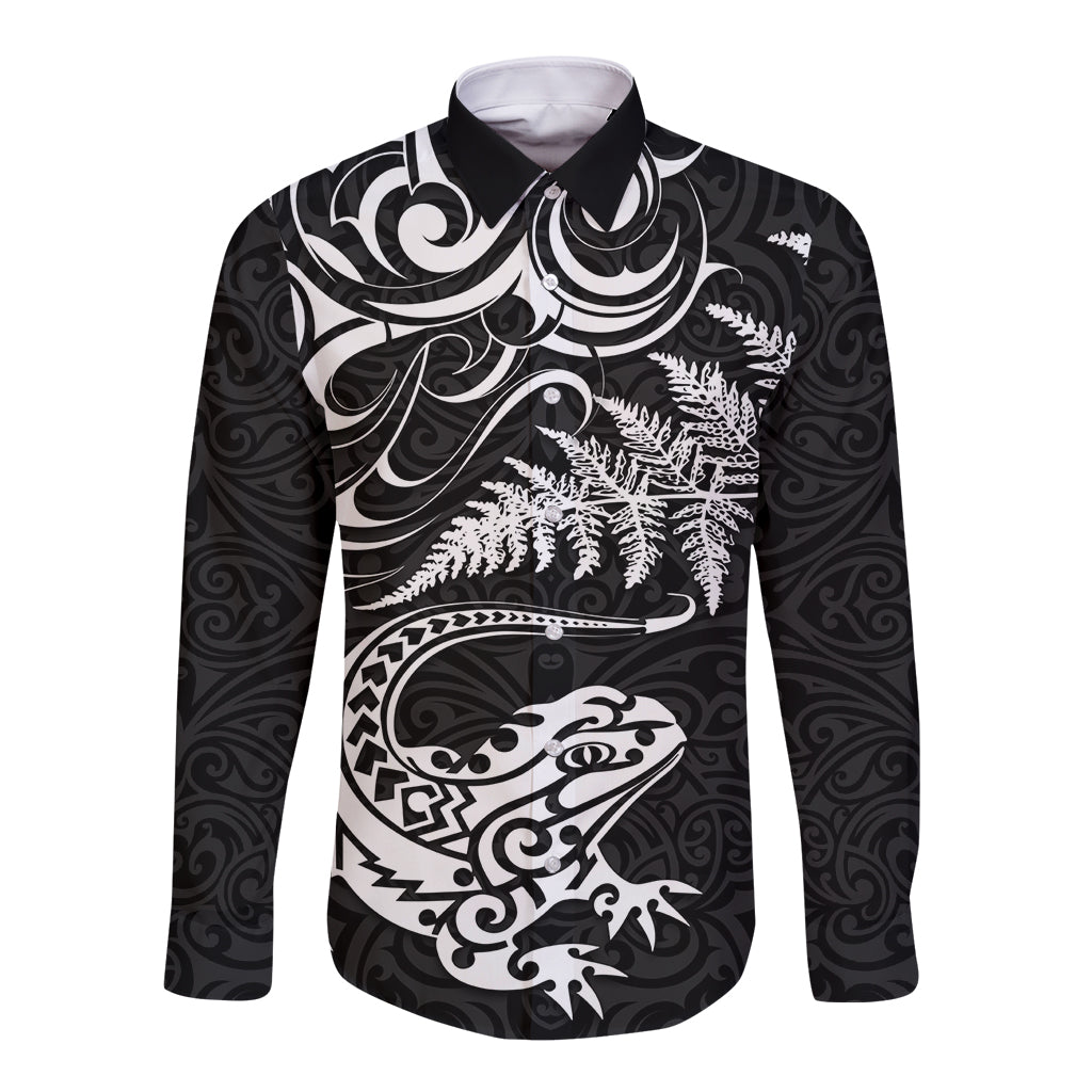 New Zealand Tuatara Tribal Tattoo Long Sleeve Button Shirt Silver Fern and Maori Pattern Black Color LT03 Unisex Black - Polynesian Pride
