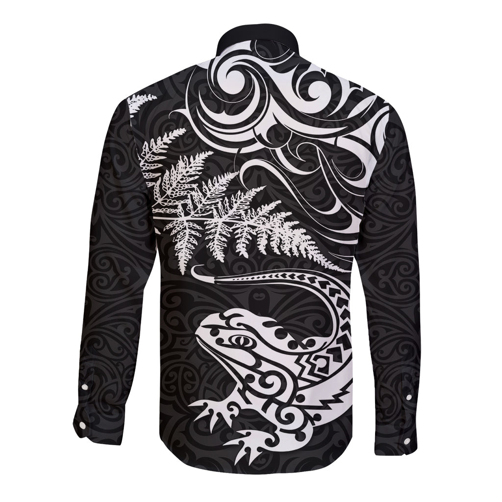 New Zealand Tuatara Tribal Tattoo Long Sleeve Button Shirt Silver Fern and Maori Pattern Black Color LT03 - Polynesian Pride