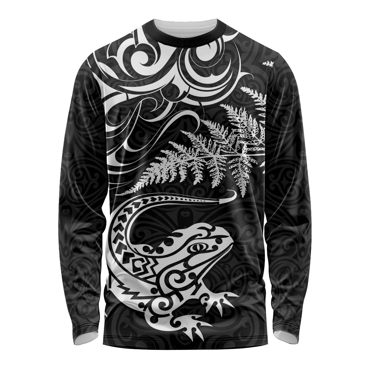 New Zealand Tuatara Tribal Tattoo Long Sleeve Shirt Silver Fern and Maori Pattern Black Color LT03 Unisex Black - Polynesian Pride
