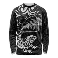 New Zealand Tuatara Tribal Tattoo Long Sleeve Shirt Silver Fern and Maori Pattern Black Color LT03 Unisex Black - Polynesian Pride