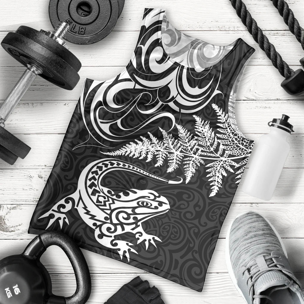 New Zealand Tuatara Tribal Tattoo Men Tank Top Silver Fern and Maori Pattern Black Color LT03 - Polynesian Pride