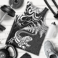New Zealand Tuatara Tribal Tattoo Men Tank Top Silver Fern and Maori Pattern Black Color LT03 - Polynesian Pride