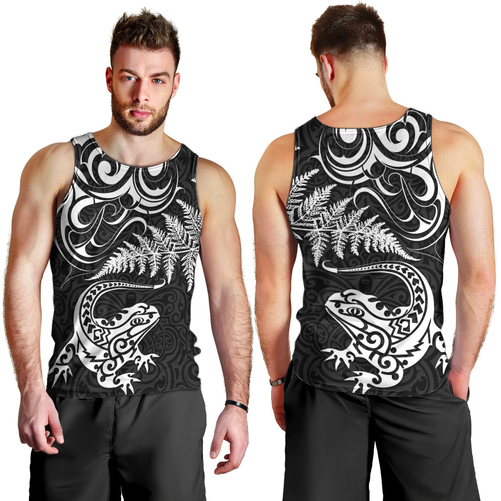 New Zealand Tuatara Tribal Tattoo Men Tank Top Silver Fern and Maori Pattern Black Color LT03 - Polynesian Pride