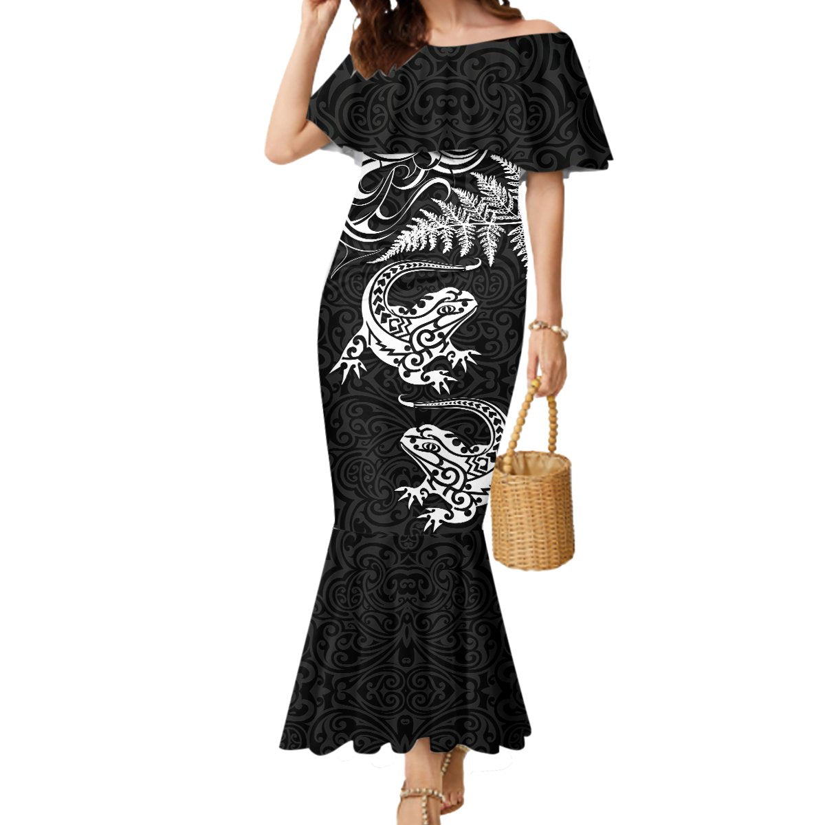New Zealand Tuatara Tribal Tattoo Mermaid Dress Silver Fern and Maori Pattern Black Color LT03 Women Black - Polynesian Pride