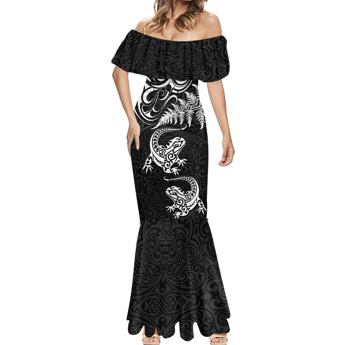 New Zealand Tuatara Tribal Tattoo Mermaid Dress Silver Fern and Maori Pattern Black Color LT03 - Polynesian Pride