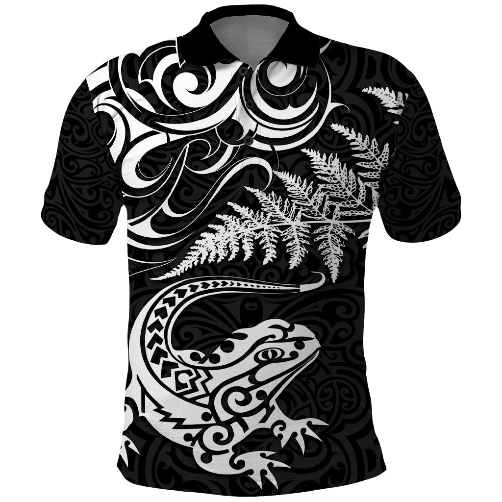 New Zealand Tuatara Tribal Tattoo Polo Shirt Silver Fern and Maori Pattern Black Color LT03 Black - Polynesian Pride